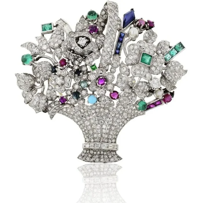1950’s Platinum Multi-color Gemstone And Diamond Brooch
