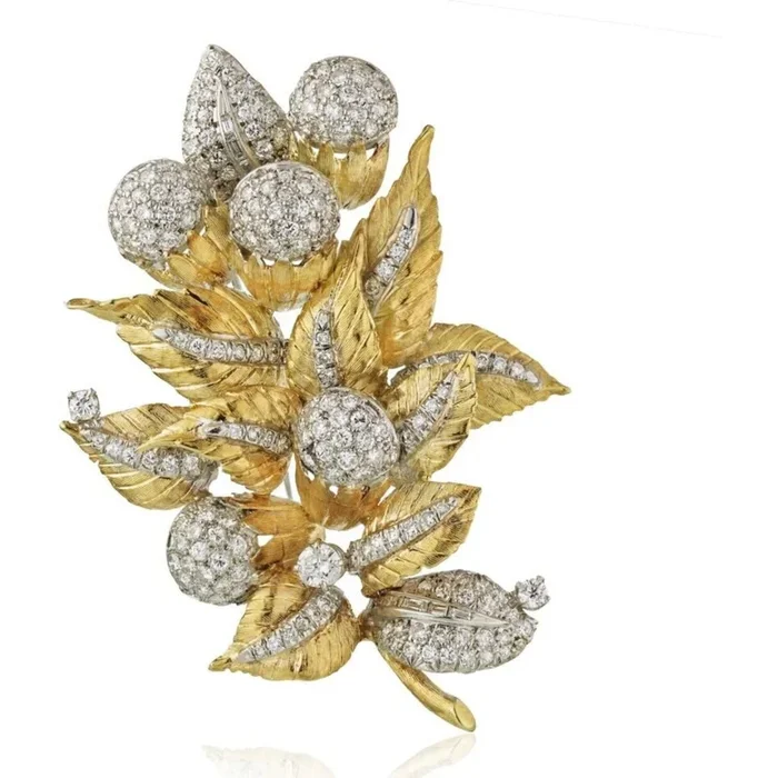 1970’s Platinum & 18K Yellow Gold Foliage Diamond Brooch