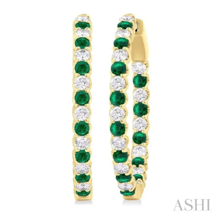 2.1 MM Round Emerald and 1 ctw Round Cut Diamond Inside & Outside Alternating Precious Hoop Earrings in 14K Yellow Gold