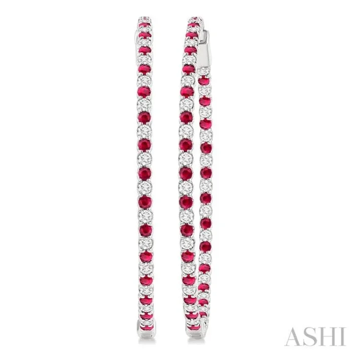 2.1 MM Ruby and Alternating 2 1/2 Ctw Round Cut Inside-Out Diamond Precious Hoop Earrings in 14K White Gold