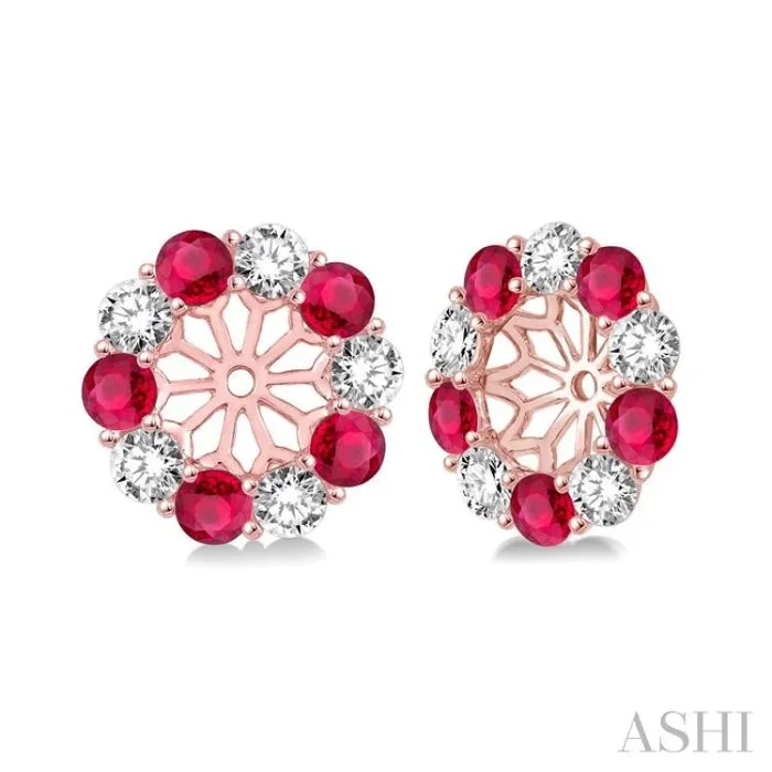 2.3 MM Round Cut Ruby and 1/2 ctw Round Cut Diamond Precious Earrings Jacket in 14K Rose Gold