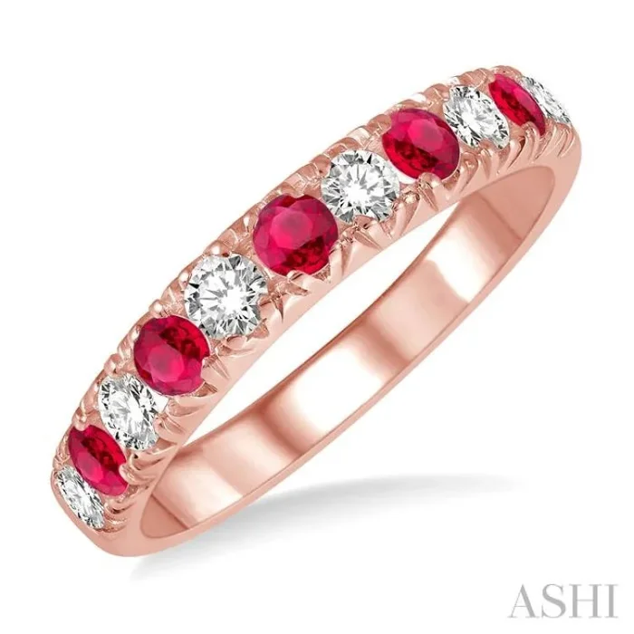 2.6 MM Ruby and 3/8 ctw Round Cut Diamond Precious Wedding Band in 14K rose Gold