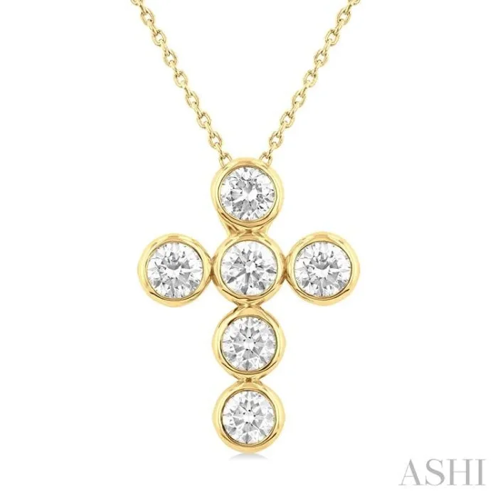 2 Ctw Round Cut Diamond 6-Stone Bezel Set Cross Pendant With Chain in 14K Yellow Gold