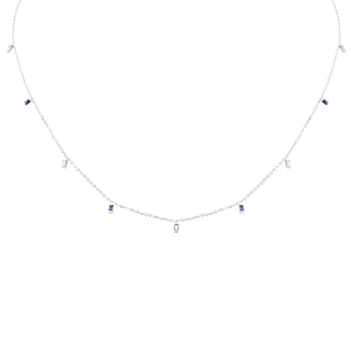 .25ct F SI 14K White Gold Diamond & Blue Sapphire Pendant Necklace 16″ + 2″ Long