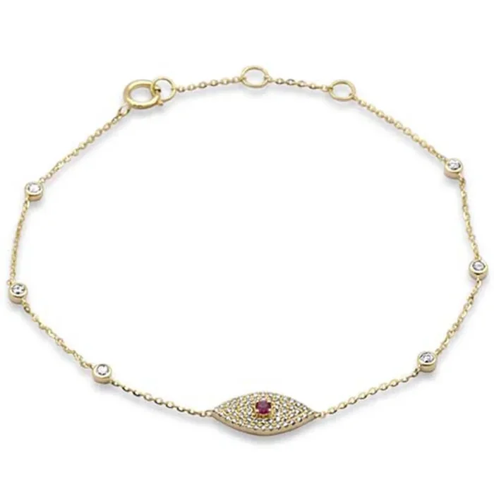 .27ct G SI 14K Yellow Gold Diamond & Ruby Gemstone Evil Eye Chain Bracelet 7″ Long