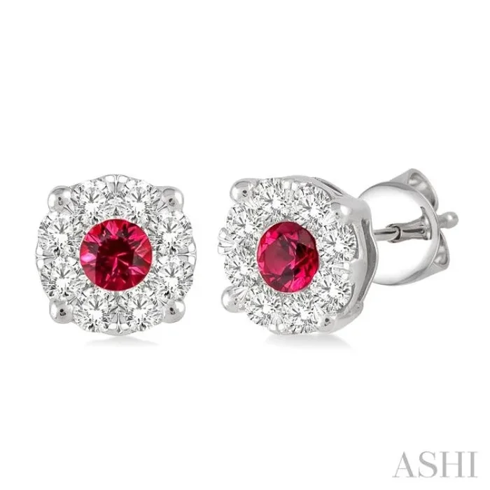 3.3 MM Round Cut Ruby and 1/2 Ctw Lovebright Diamond Precious Earrings in 14K White Gold