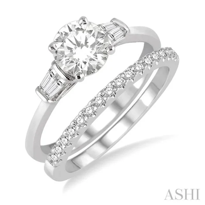 3/4 Ctw Diamond Wedding Set With 5/8 Ctw Baguette & Round Cut Engagement Ring and 1/6 Ctw Round Cut Diamond Wedding Band in 14K White Gold