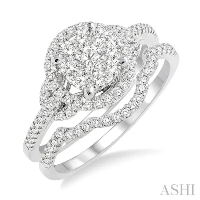3/4 Ctw Diamond Wedding Set with 5/8 Ctw Lovebright Round Cut Engagement Ring and 1/10 Ctw Wedding Band in 14K White Gold