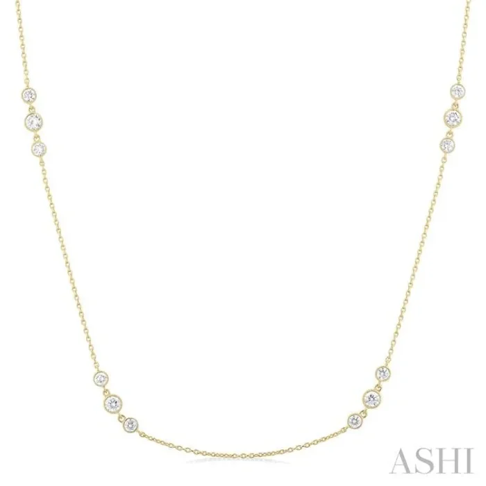 3/4 Ctw Three Stone Bezel Set Round Cut Diamond Station Necklace in 14K Yellow Gold