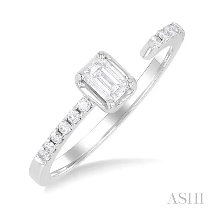 3/8 Ctw Emerald and Round Cut Diamond Fashion Open Ring in 14K White Gold