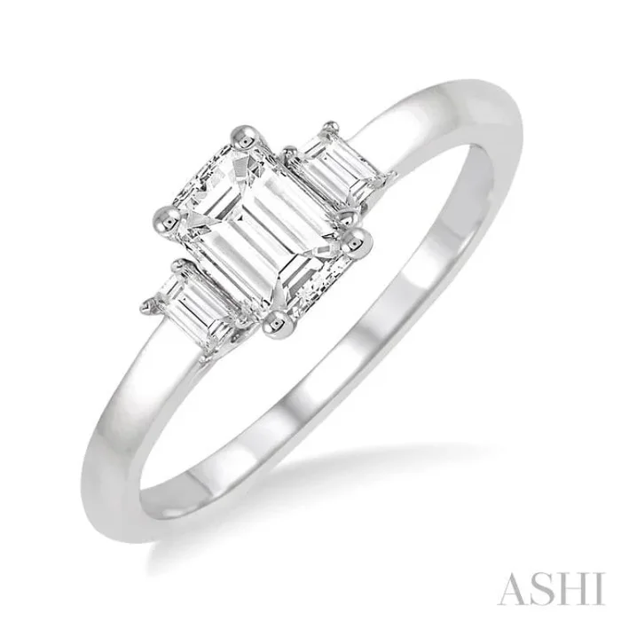3/8 Ctw Octagonal and Baguette Diamond Ladies Engagement Ring with 1/3 Ct Emerald cut Center Stone in 14K White Gold