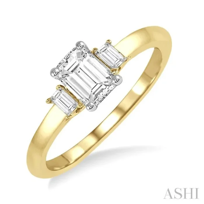 3/8 Ctw Octagonal and Baguette Diamond Ladies Engagement Ring with 1/3 Ct Emerald cut Center Stone in 14K Yellow and White Gold