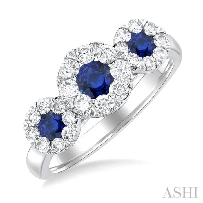 3.8 MM & 3 MM Sapphire and 5/8 Ctw Round Cut Diamond Precious Lovebright Past, Present and Future Ring in 14K White Gold