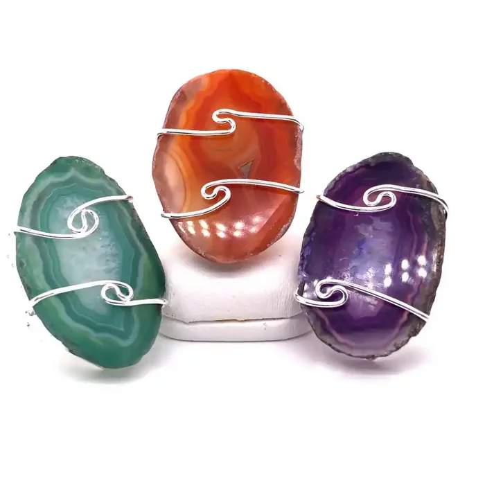 3 x Agate Ring Silver Plated wire wrapped – BR 1249