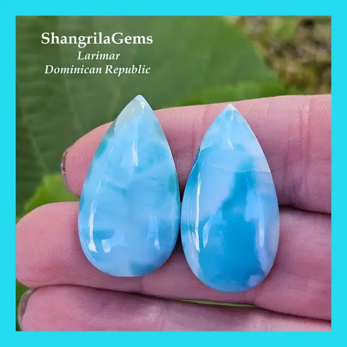 30mm pair Larimar dro pear cabochon light blue 46ct