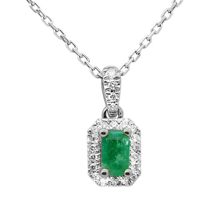 .31ct G SI 14K White Gold Diamond & Emerald Gemstone Halo Pendant 18″ Long