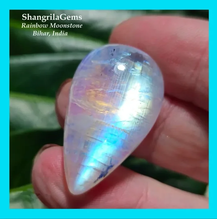 31mm Drop pear Rainbow Moonstone cabochon Bihar India 31 by 19 by 9.5mm