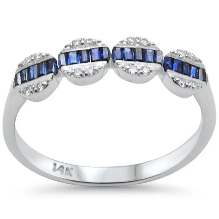 .35ct F SI 14K White Gold Round Diamond & Blue Sapphire Band Ring Size 6.5