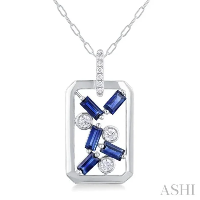 4×2 MM Scatter Baguette Cut Sapphire and 1/6 Ctw Round Cut Diamond Precious Fashion Pendant With Chain in 14K White Gold