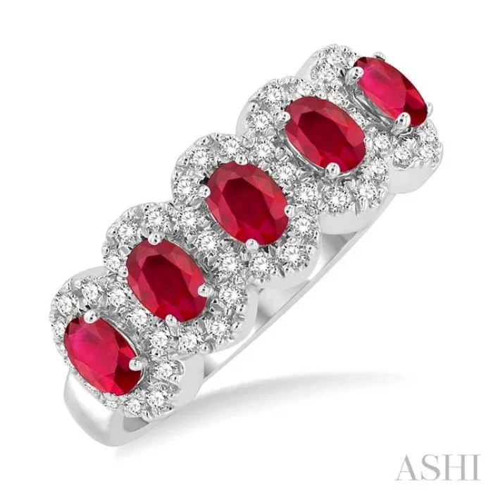 4×3 MM Oval Cut Ruby and 1/3 Ctw Round Cut Diamond Precious Wedding Band in 14K White Gold