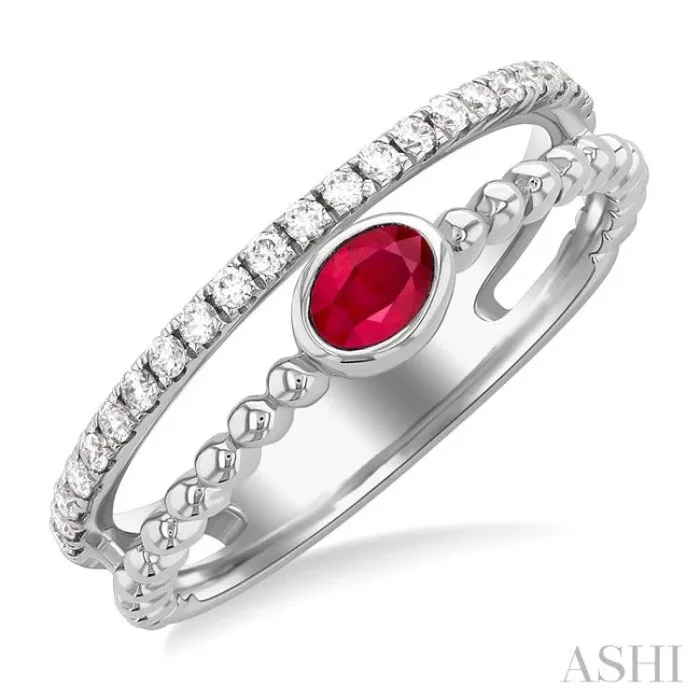 4×3 MM Oval Shape Ruby and 1/5 Ctw Single Cut Diamonds Precious Fashion Split Twin Ring in 10K White Gold
