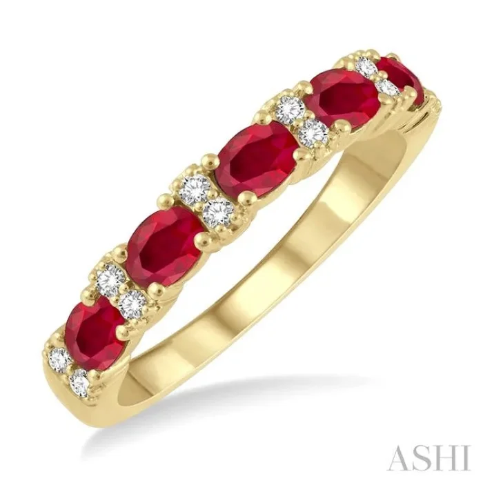 4×3 MM Oval Shape Ruby and 1/6 Ctw Round Cut Diamond Precious Band in 14K Yellow Gold