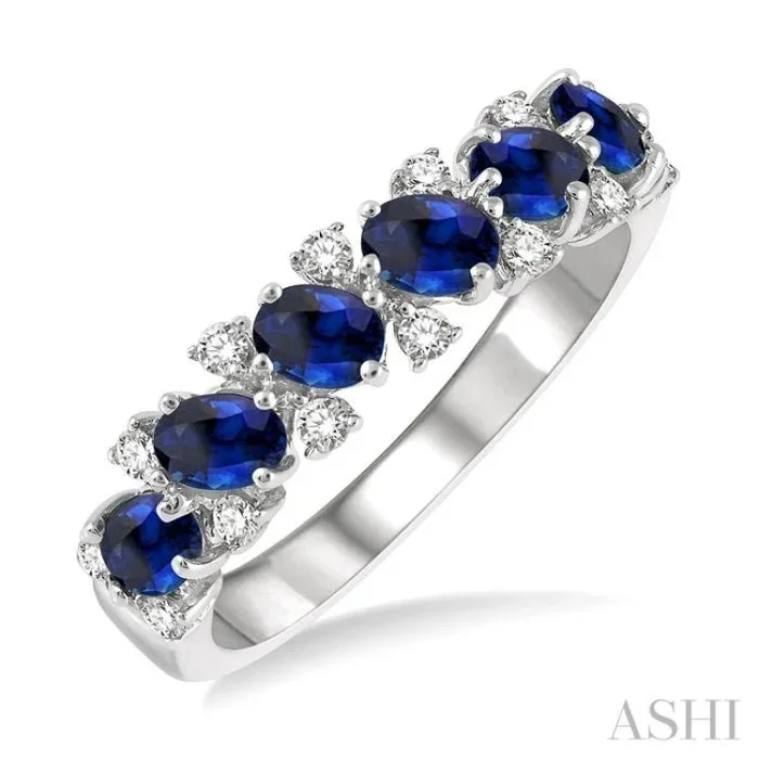 4×3 MM Oval Shape Sapphire and 1/5 ctw Round Cut Diamond Precious Band in 14K White Gold