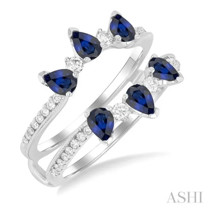4×3 MM Pear Cut Sapphire and 1/3 ctw Round Cut Diamond Precious Insert Ring in 14K White Gold