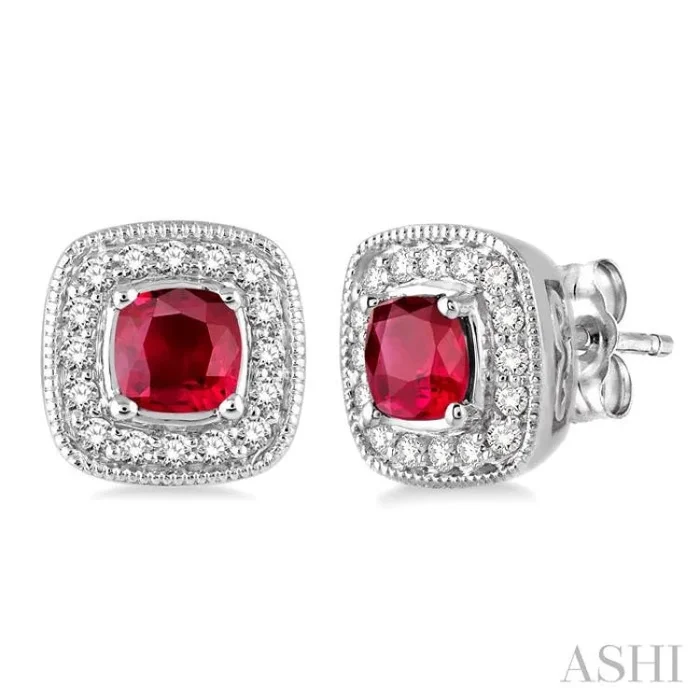 4×4 MM Cushion Shape Ruby and 1/5 ctw Round Cut Diamond Earrings in 14K White Gold