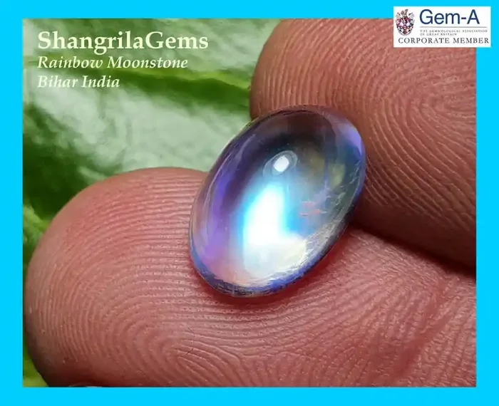 4.52ct 12mm AAA Rainbow Moonstone cabochon Bihar North India 12 by 8 by 6.6