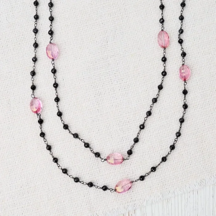 42″ Oxidized Silver Pink Quartz Bead Chain Necklace