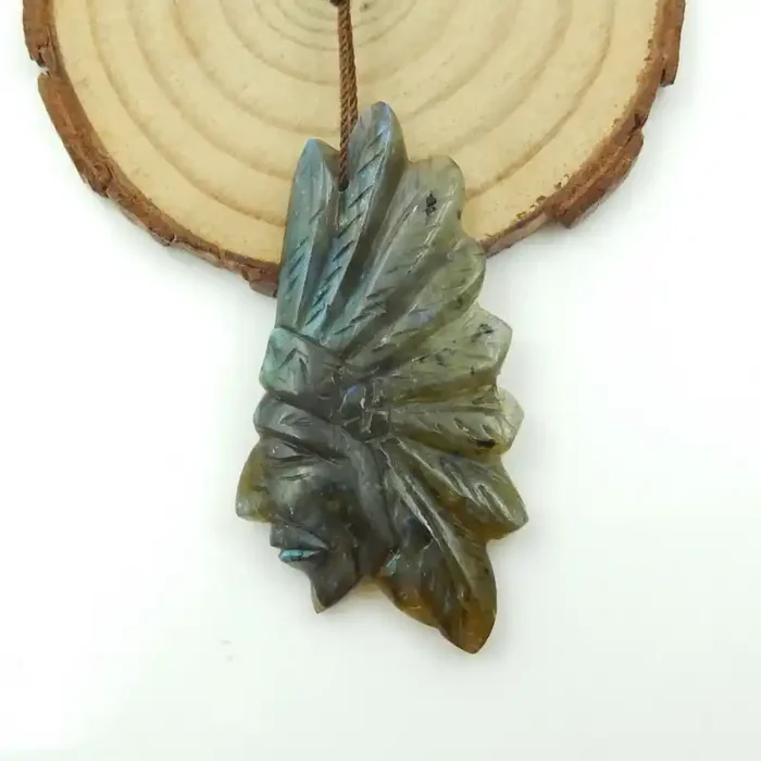 47.5cts Carved Natural Labradorite Gemstone Indian Head Pendant G102