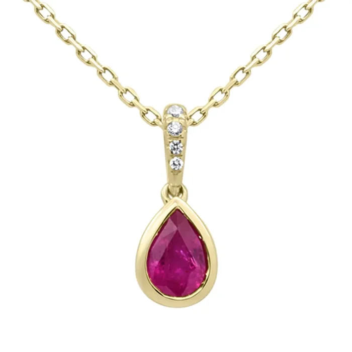 .47ct G SI 14KT Yellow Gold Diamond & Pear Shape Ruby Gemstone Pendant Necklace 18″ Long Chain
