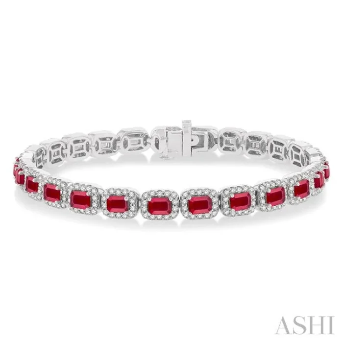 4X3 MM Emerald Cut Ruby and 2 1/5 Ctw Round Cut Diamond Halo Precious Bracelet in 14K White Gold