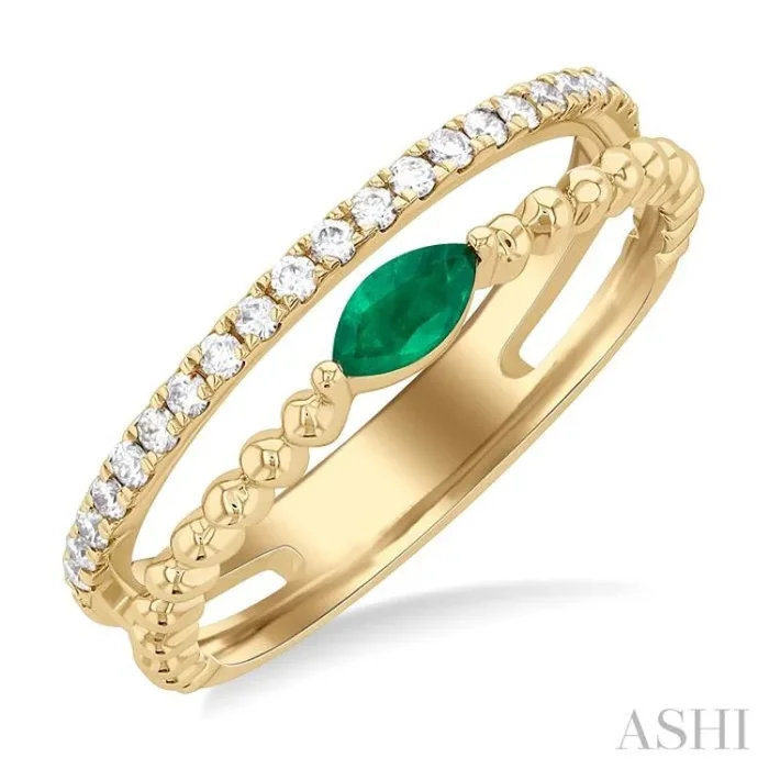 5×2.5 MM Marquise Shape Emerald and 1/5 Ctw Single Cut Diamond Precious Split Twin Ring in 10K Yellow Gold