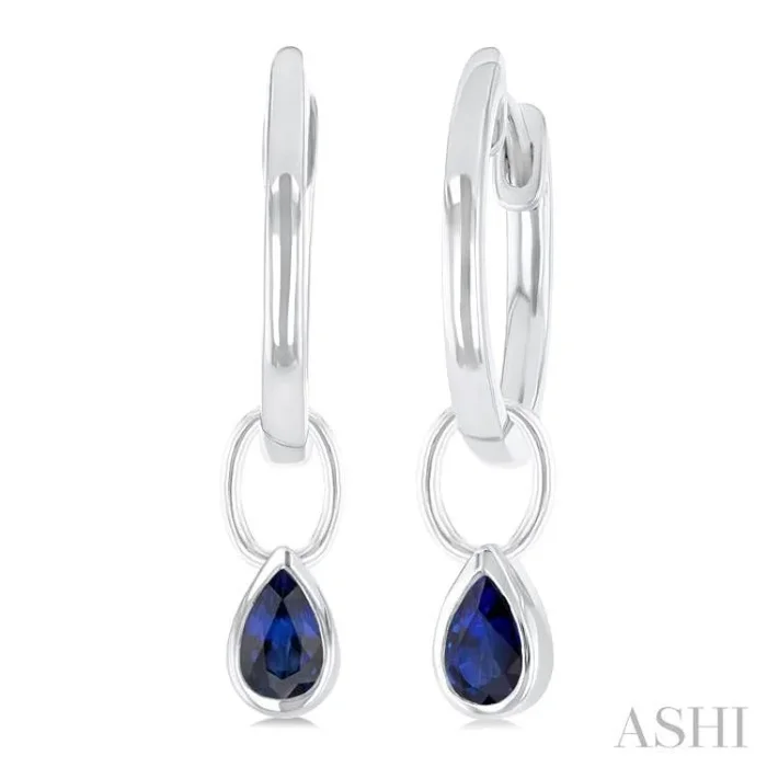 5×3 MM Bezel Set Pear Cut Sapphire Precious Fashion Huggie Earrings in 14K White Gold