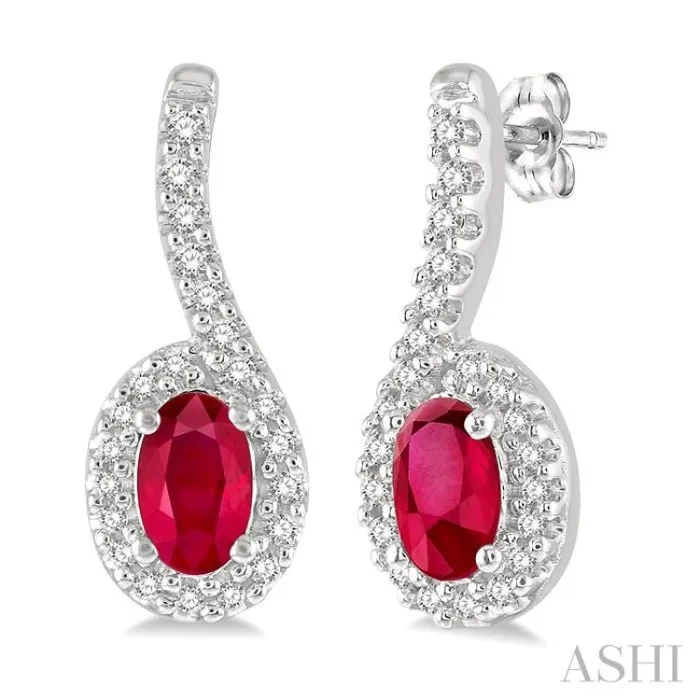 5×3 MM Hanging Arm Oval Cut Ruby and 1/6 Ctw Round Cut Diamond Precious Earring in 10K White Gold