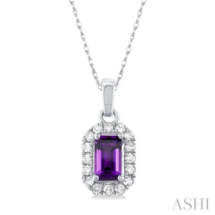 5×3 MM Octagonal Shape Amethyst and 1/20 Ctw Single Cut Diamond Halo Semi-Precious Pendant with Chain in 14K White Gold