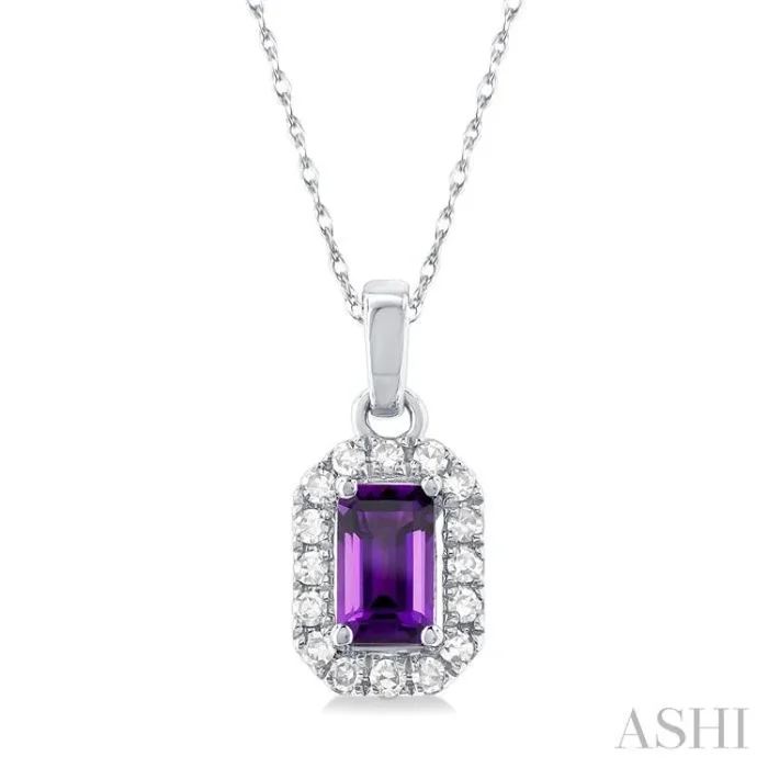 5×3 MM Octagonal Shape Amethyst and 1/20 Ctw Single Cut Diamond Halo Semi-Precious Pendant with Chain in 10K White Gold
