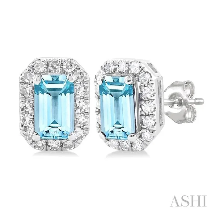 5×3 MM Octagonal Shape Aquamarine and 1/8 Ctw Single Cut Diamond Halo Semi-Precious Stud Earrings in 10K White Gold