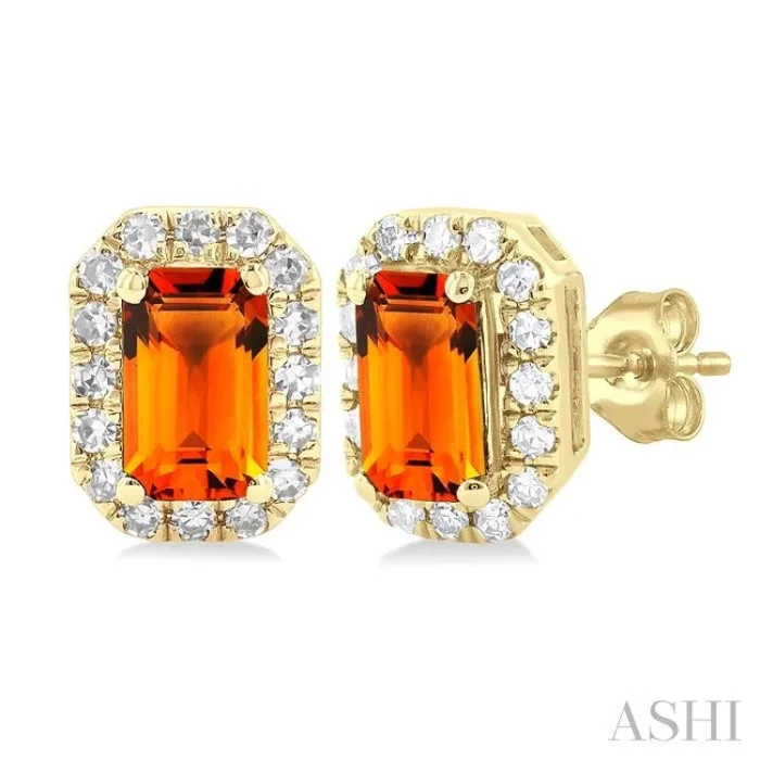 5×3 MM Octagonal Shape Citrine and 1/8 Ctw Single Cut Diamond Halo Semi-Precious Stud Earrings in 10K Yellow Gold