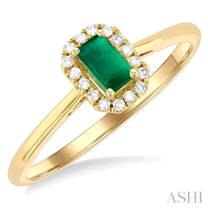 5×3 MM Octagonal Shape Emerald and 1/20 Ctw Single Cut Diamond Halo Precious Ring in 10K Yellow Gold