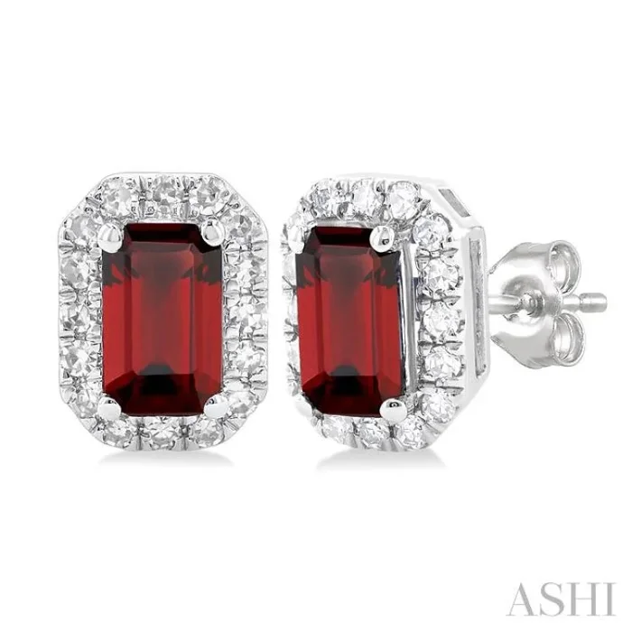 5×3 MM Octagonal Shape Garnet and 1/8 Ctw Single Cut Diamond Halo Semi-Precious Stud Earrings in 14K White Gold