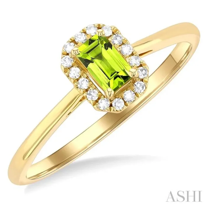 5×3 MM Octagonal Shape Peridot and 1/20 Ctw Single Cut Diamond Halo Semi-Precious Ring in 14K Yellow Gold