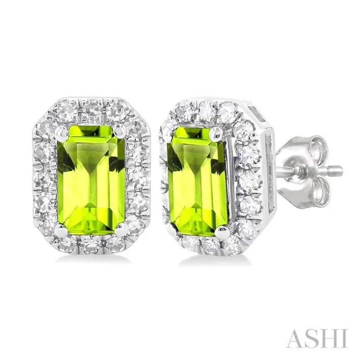 5×3 MM Octagonal Shape Peridot and 1/8 Ctw Single Cut Diamond Halo Semi-Precious Stud Earrings in 14K White Gold