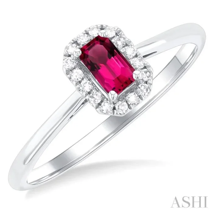 5×3 MM Octagonal Shape Pink Tourmaline and 1/20 Ctw Single Cut Diamond Halo Semi-Precious Ring in 14K White Gold