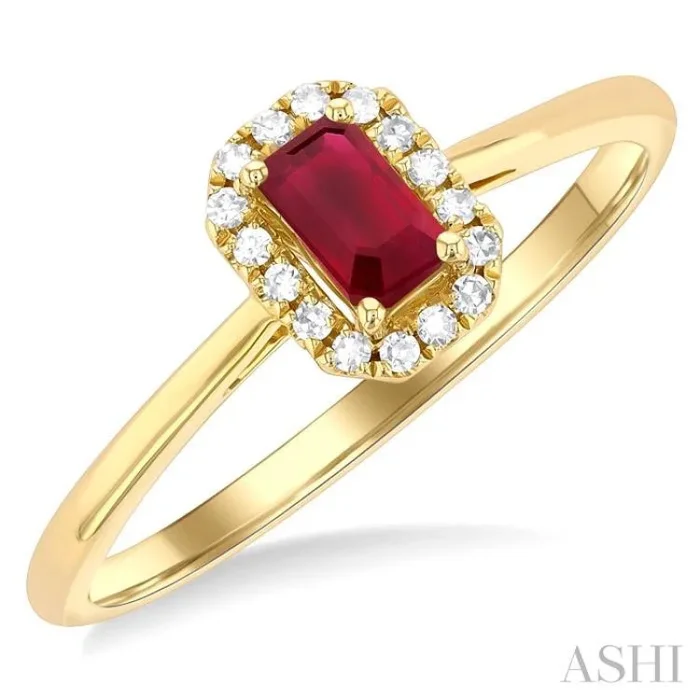 5×3 MM Octagonal Shape Ruby and 1/20 Ctw Single Cut Diamond Halo Precious Ring in 10K Yellow Gold