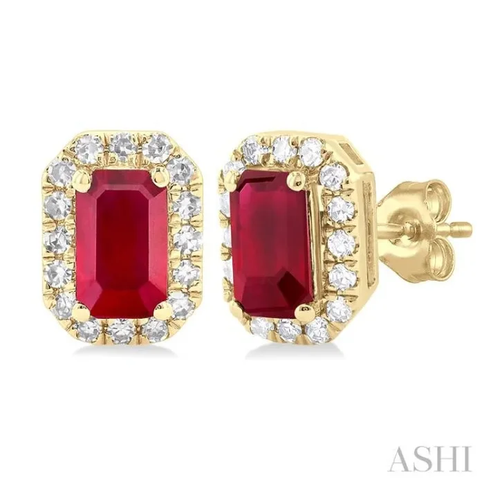 5×3 MM Octagonal Shape Ruby and 1/8 Ctw Single Cut Diamond Halo Precious Stud Earrings in 10K Yellow Gold