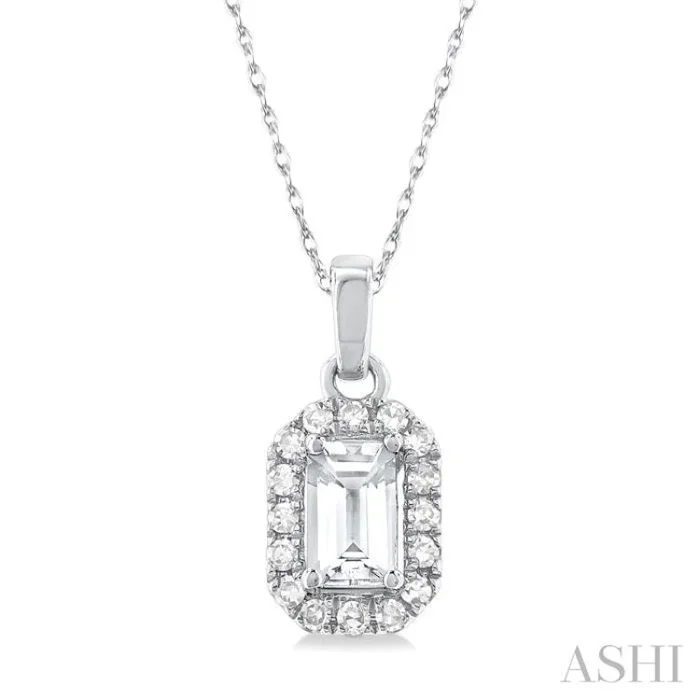 5×3 MM Octagonal Shape White Topaz and 1/20 Ctw Single Cut Diamond Halo Semi-Precious Pendant with Chain in 10K White Gold