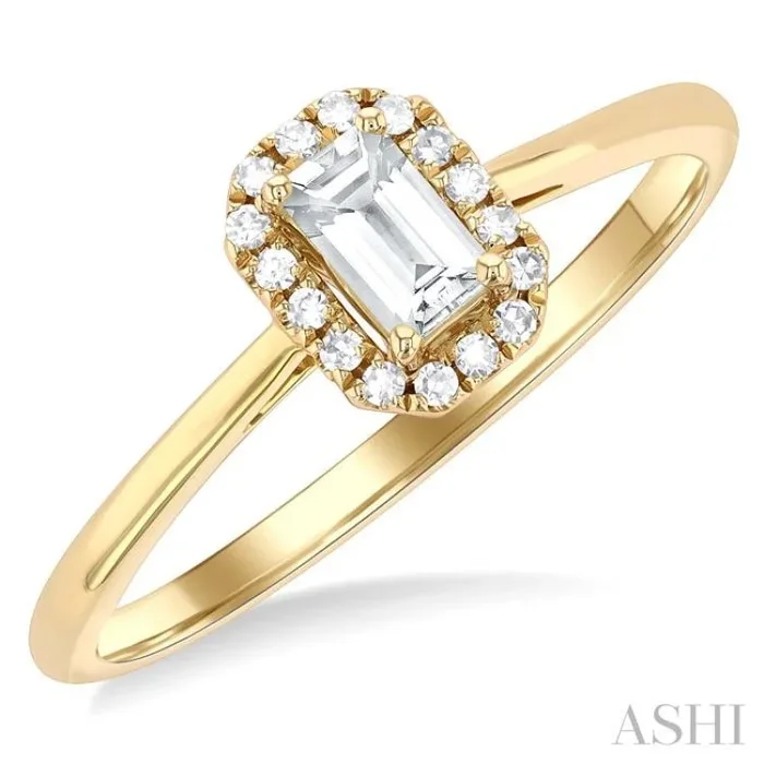 5×3 MM Octagonal Shape White Topaz and 1/20 Ctw Single Cut Diamond Halo Semi-Precious Ring in 10K Yellow Gold